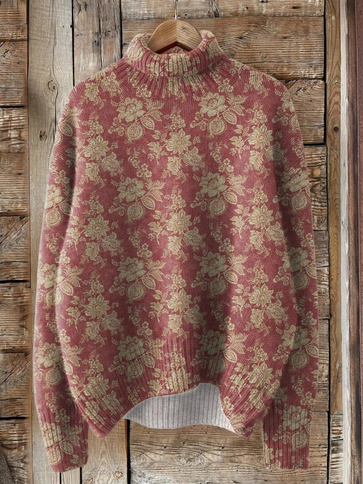 Róża | Sweter z wysokim kołnierzem w retro różany wzór