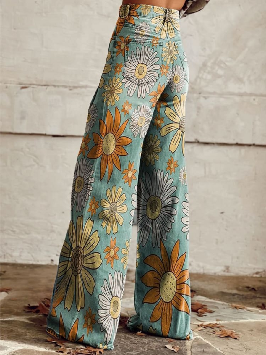 CIRILLA | SPODNIE PALAZZO Z WZOREM W STYLU VINTAGE