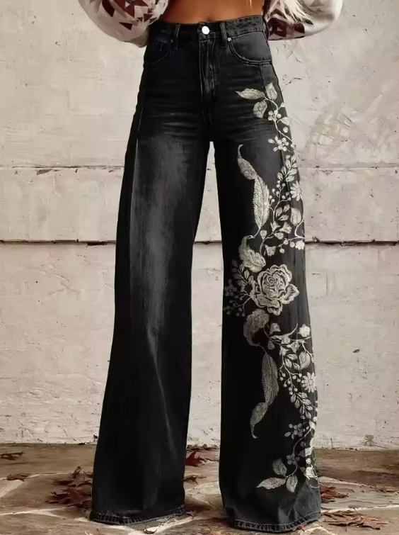 ECSLISSI | VINTAGE CZARNE KWIATY ELEGANCKIE SPODNIE