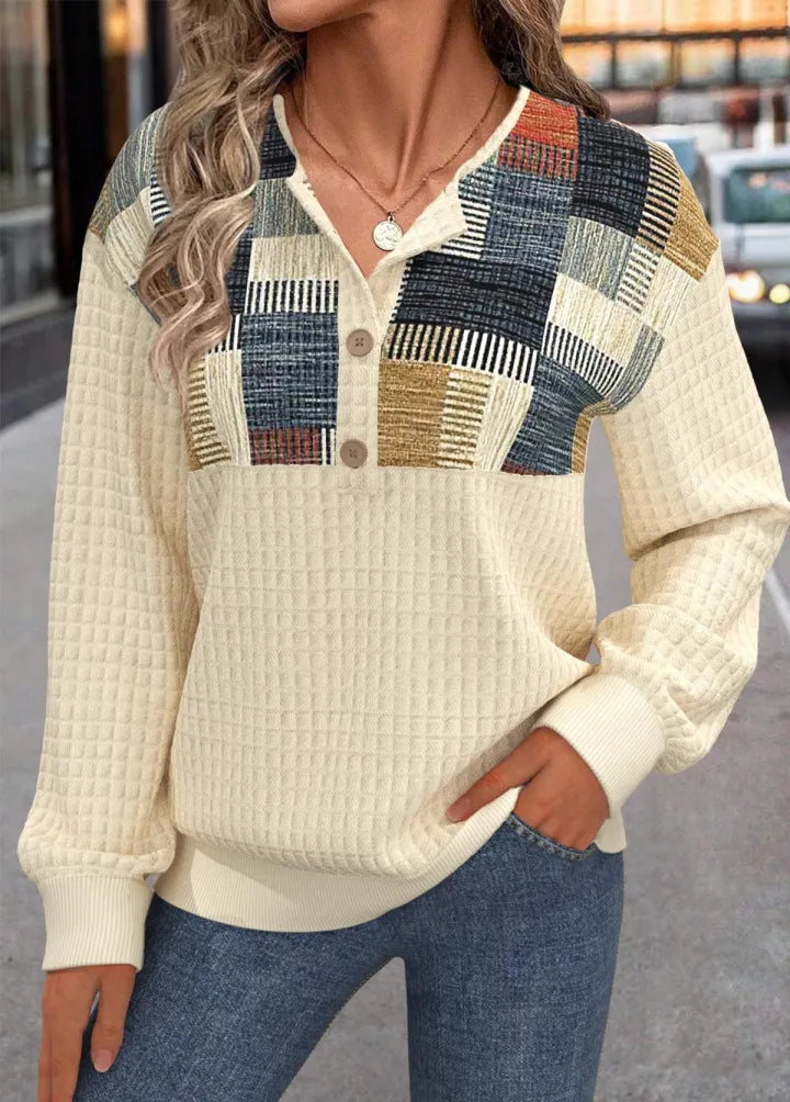 Linora | Sweter w stylu patchworkowym z guzikami