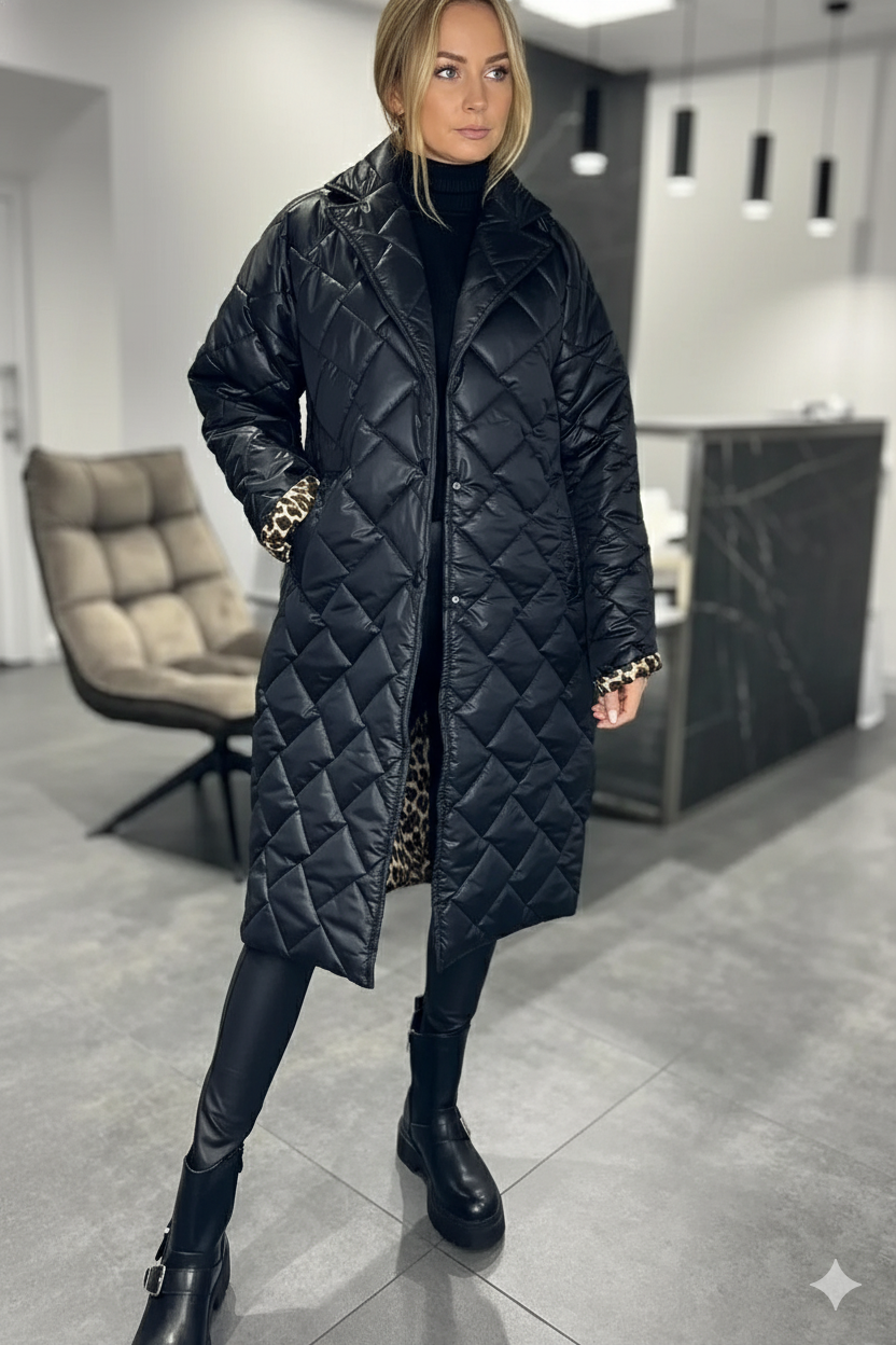 Emery™ | Stylowa kurtka w panterkę o średniej długości