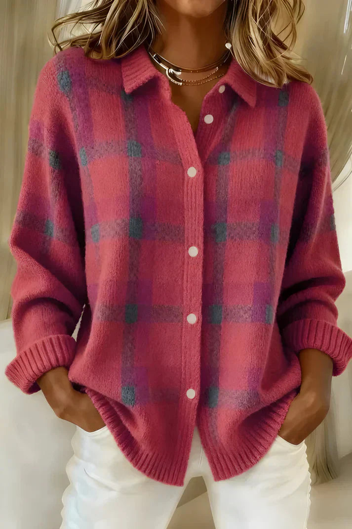 Denise | Kuschelige rosa Strickjacke mit Karomuster